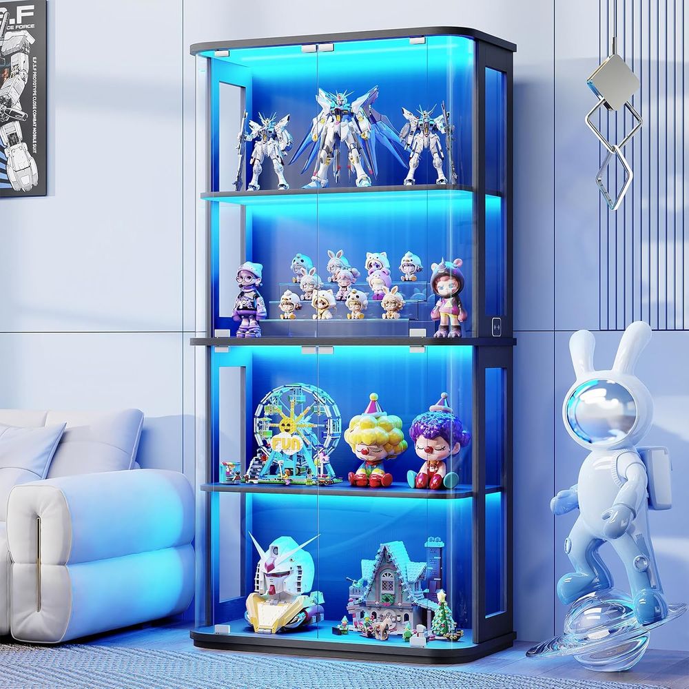Glass Cabinet Display - ガラス扉付き丸型ディスプレイキャビネット、透明な全面ディスプレイ面を備えた4段キュリオキャビネット、コレクション品、ガラスディスプレイ
