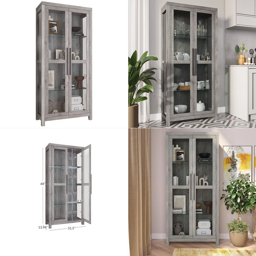 Glass Cabinet Display - ガラス製ディスプレイキャビネット、強化ガラス扉付き背の高いキュリオキャビネット（リビングルーム用）、トロフィーディスプレイケース（アヴァロン・グレーウォッシュ）