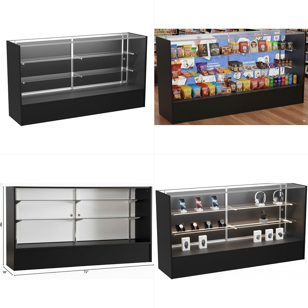 Glass Cabinet Display - フルビジョンディスプレイキャビネット 72ガラスショーケース LEDライト付き、調整可能な棚、ロック式スライドドア付き小売用ディスプレイカウンター