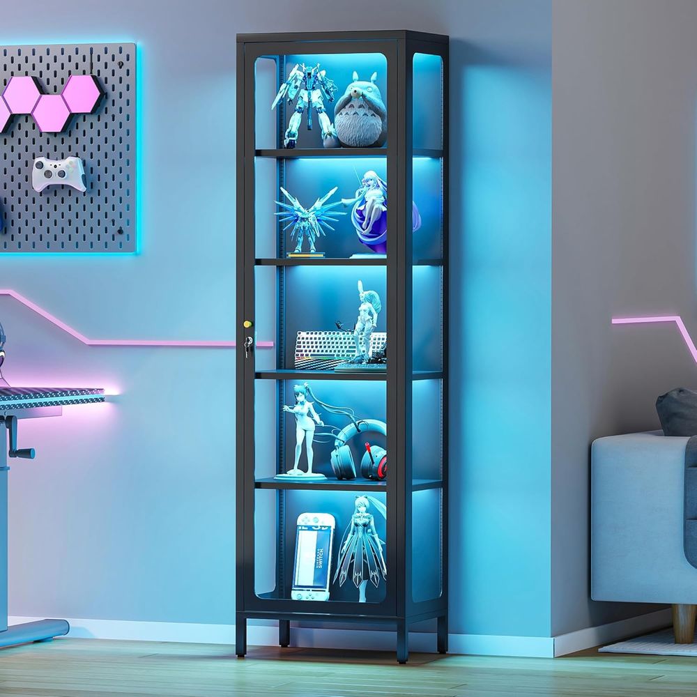 Glass Cabinet Display - 69個のガラス製ディスプレイキャビネット（ロック付き＆13色LEDライト）、5段メタルキャビネット（コレクション、アクションフィギュア、トロフィー用）（ブラック）