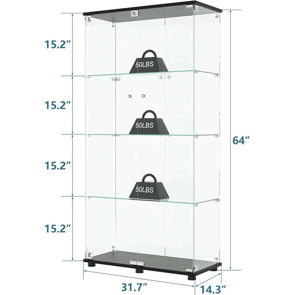 ガラス製ディスプレイキャビネット、4段ダブルドアとロック付き - Glass Cabinet Display のレビューと価格