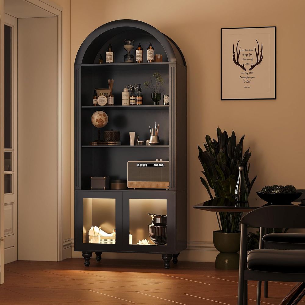 木製アーチ型ディスプレイ収納キャビネット、ガラス扉、LEDラ - Glass Cabinet Display のレビューと価格