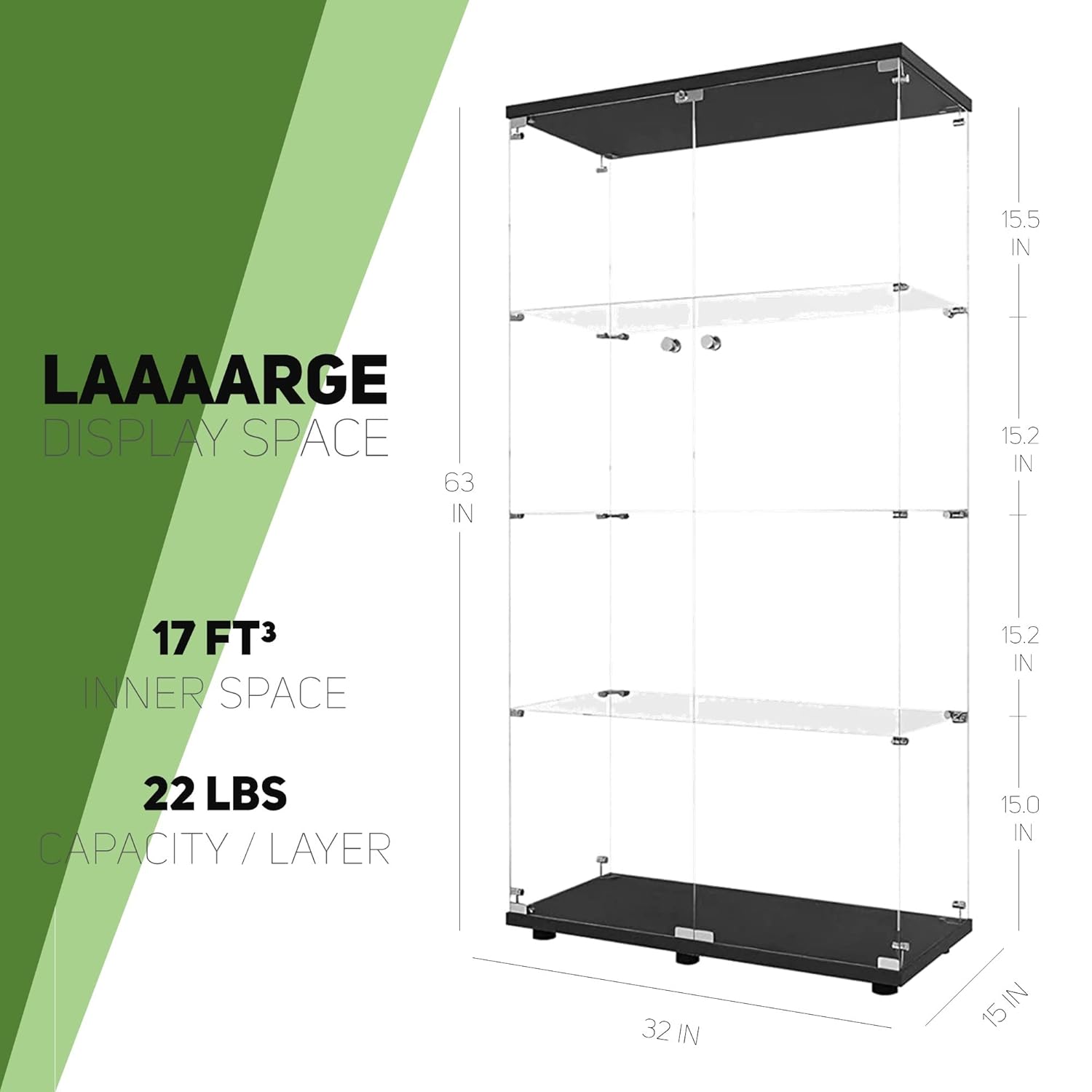 ガラス製ディスプレイキャビネット、棚4段、扉2枚付き、リビン - Glass Cabinet Display のレビューと価格